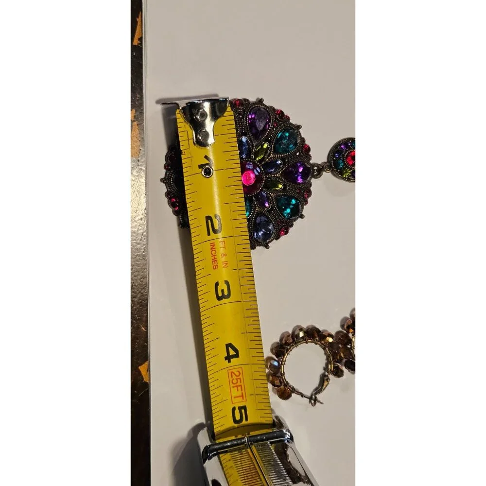 Vintage‎ Necklace Pendant Large Gothic Multicolor & Amber Beaded Hoop Earrings